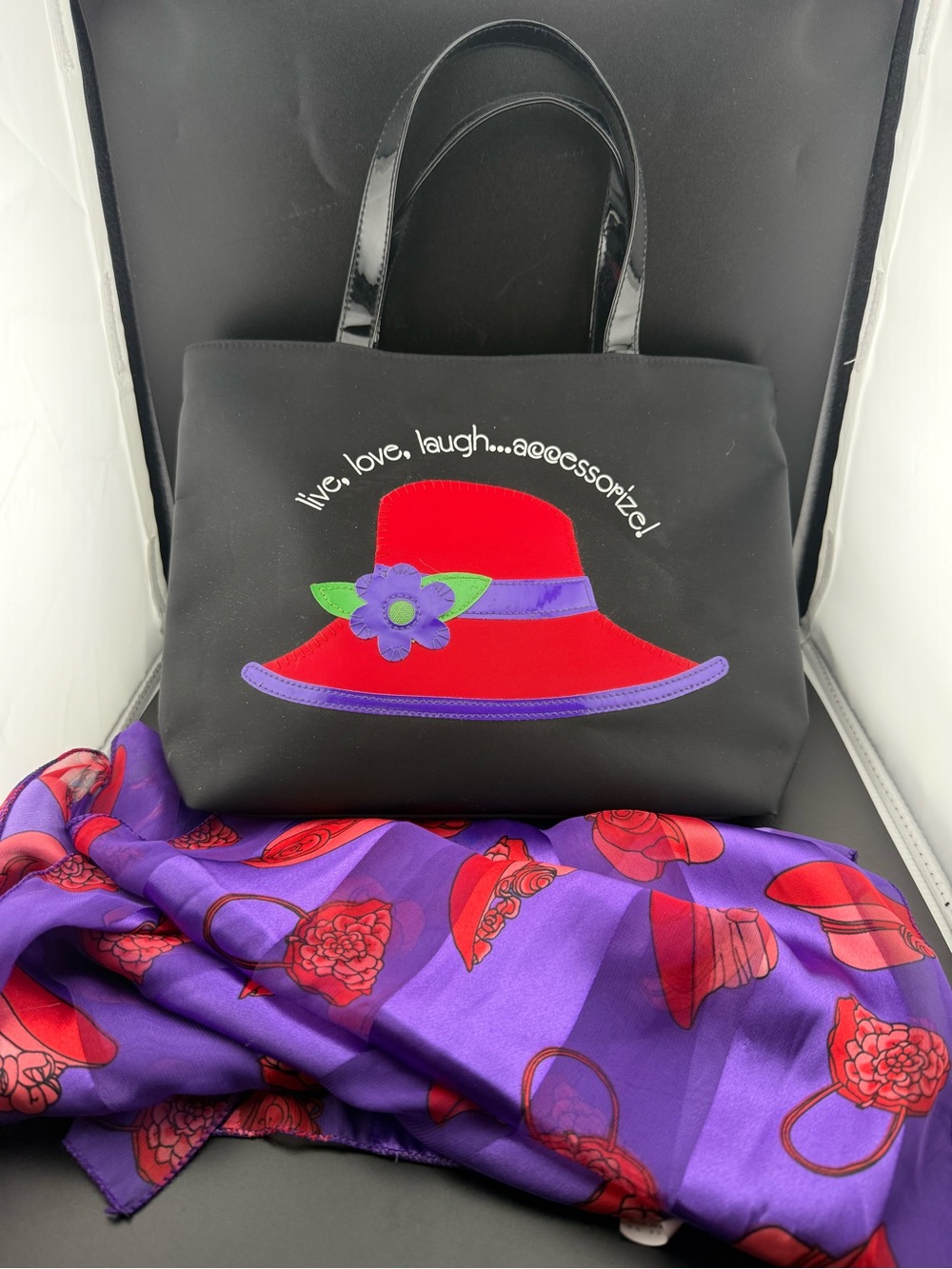 Red Hat Society Womans Black Handbag Purse “Live Love Laugh…Accessorize” & scarf